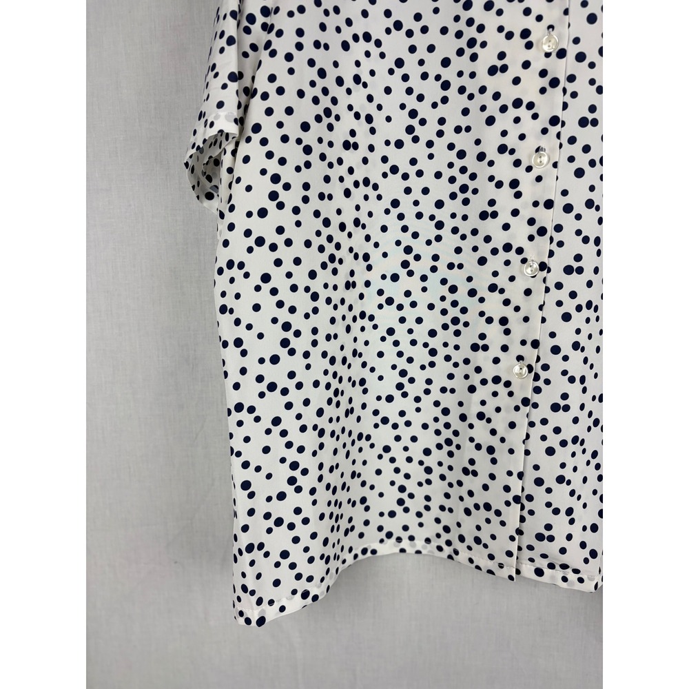 Polka Dot Button Down Short Sleeve Camp Collar Shirt White Navy Blue Blouse - Picture 4 of 13